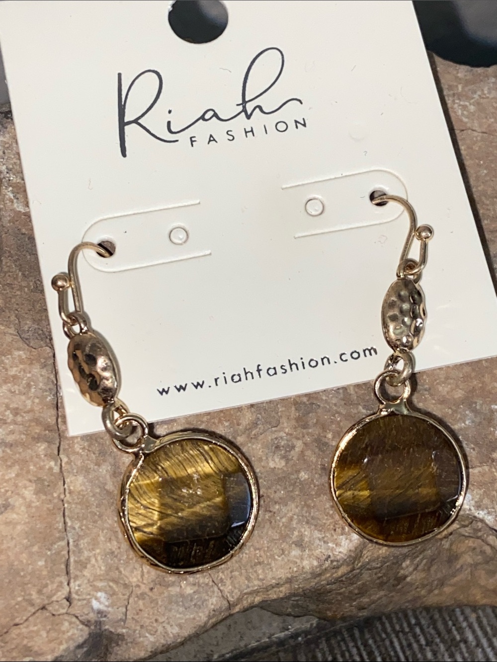 NEW RIAH FASHION Gold-Tone Tiger Eye Glass Drop Earrings